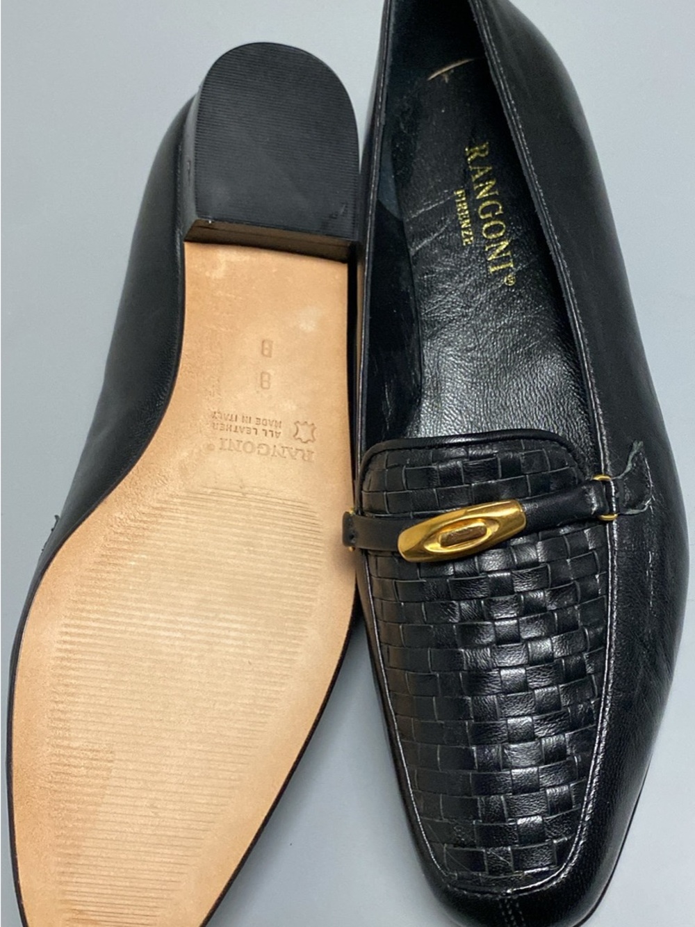 Rangotti Women's Black Leather Woven Loafers with Gold Accent